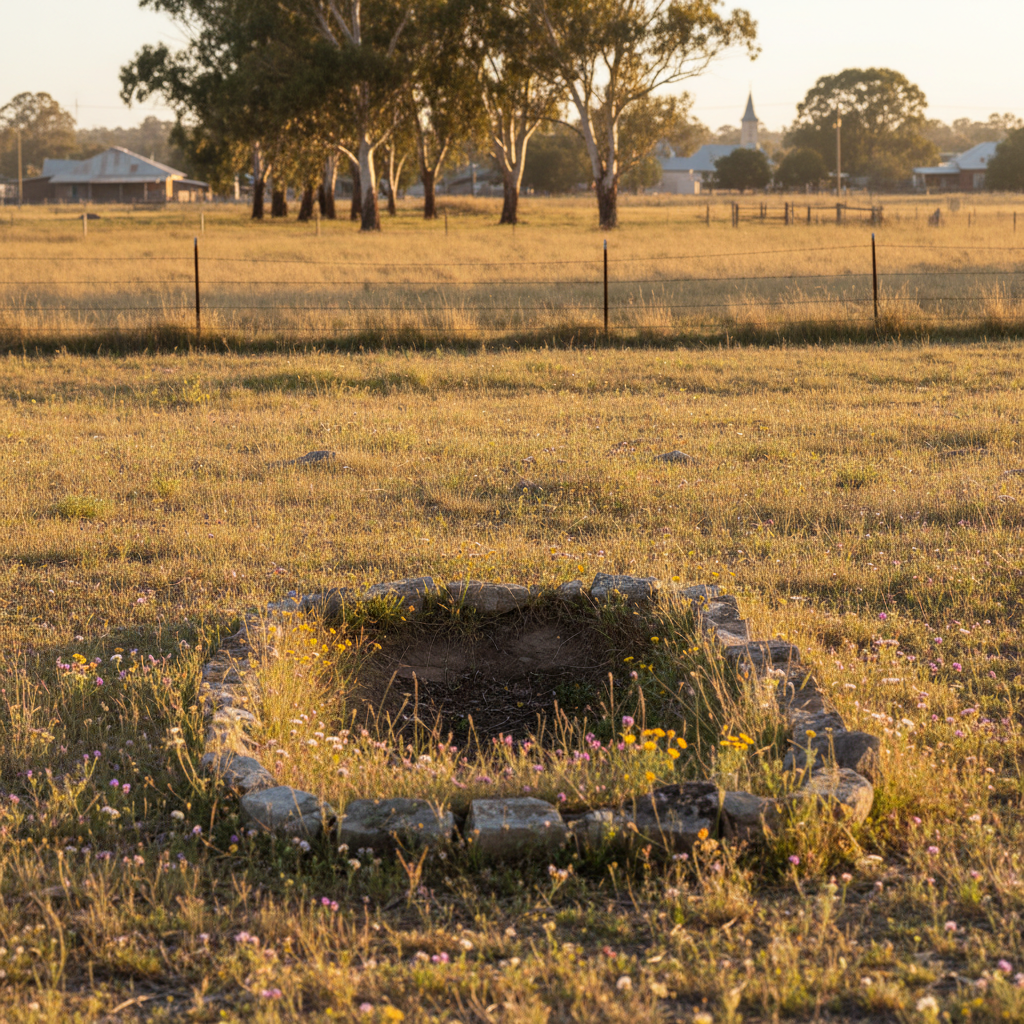 A partially sunken, unmarked grave depression in dry, yellowed grass on the outskirts of a small rural New South Wales town, its subtle oval hollow barely visible except for a faint stone border and scattered wildflowers. Rusted wire fencing and distant gum trees frame the background under soft late-afternoon golden light, which rakes across the uneven ground, emphasizing texture and contour. Captured from a slightly elevated angle in photographic realism, with shallow depth of field that keeps the depression sharply defined while the town’s edge fades into a warm, hazy blur, evoking a quiet, contemplative mood about forgotten burials in the Australian landscape.