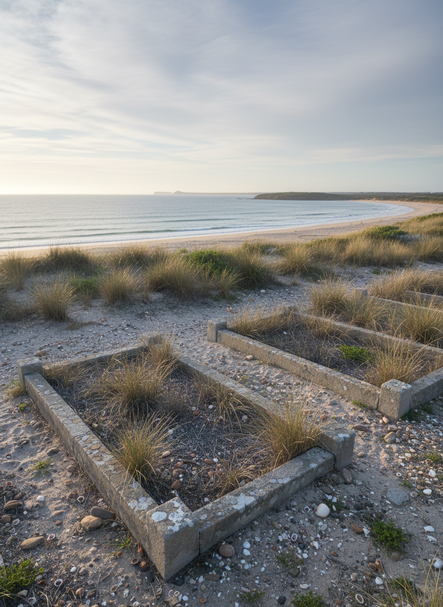 A forgotten coastal burial ground perched above a quiet New South Wales beach, viewed from a slightly elevated vantage point. Low, crumbling stone kerbs outline a few indistinct grave plots among coarse dune grasses and small coastal shrubs, while beyond, pale sand and calm blue-grey water stretch to the horizon. Late-afternoon light breaks through thin clouds, casting a cool, muted glow across the scene, with soft highlights catching on scattered shells and weathered stone. Shot in photographic realism with moderate depth of field and a balanced composition placing the burial ground in the foreground third, the atmosphere feels reflective and melancholic, emphasizing the fragile intersection of mortuary heritage and changing coastal landscapes.