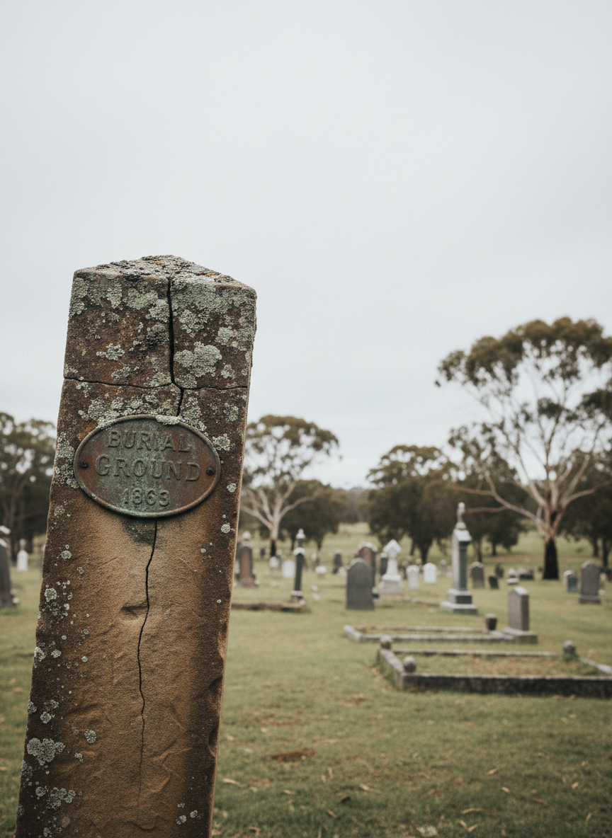 An aged sandstone cemetery gate pillar bearing a worn, lichen-speckled plaque engraved with the faint words “Burial Ground 1863”, standing slightly askew at the edge of a grassy rise. Beyond it stretch soft-focus rows of timeworn headstones and scattered native trees under a high, pale sky. Cool, diffused overcast light reveals every crack, chip, and moss patch in photographic realism, casting subdued, directionless shadows. Shot at eye level with a modest depth of field, the pillar dominates the left third of the frame while the forgotten landscape recedes into a gentle blur, creating a calm, reflective atmosphere suited to heritage and archaeological research.