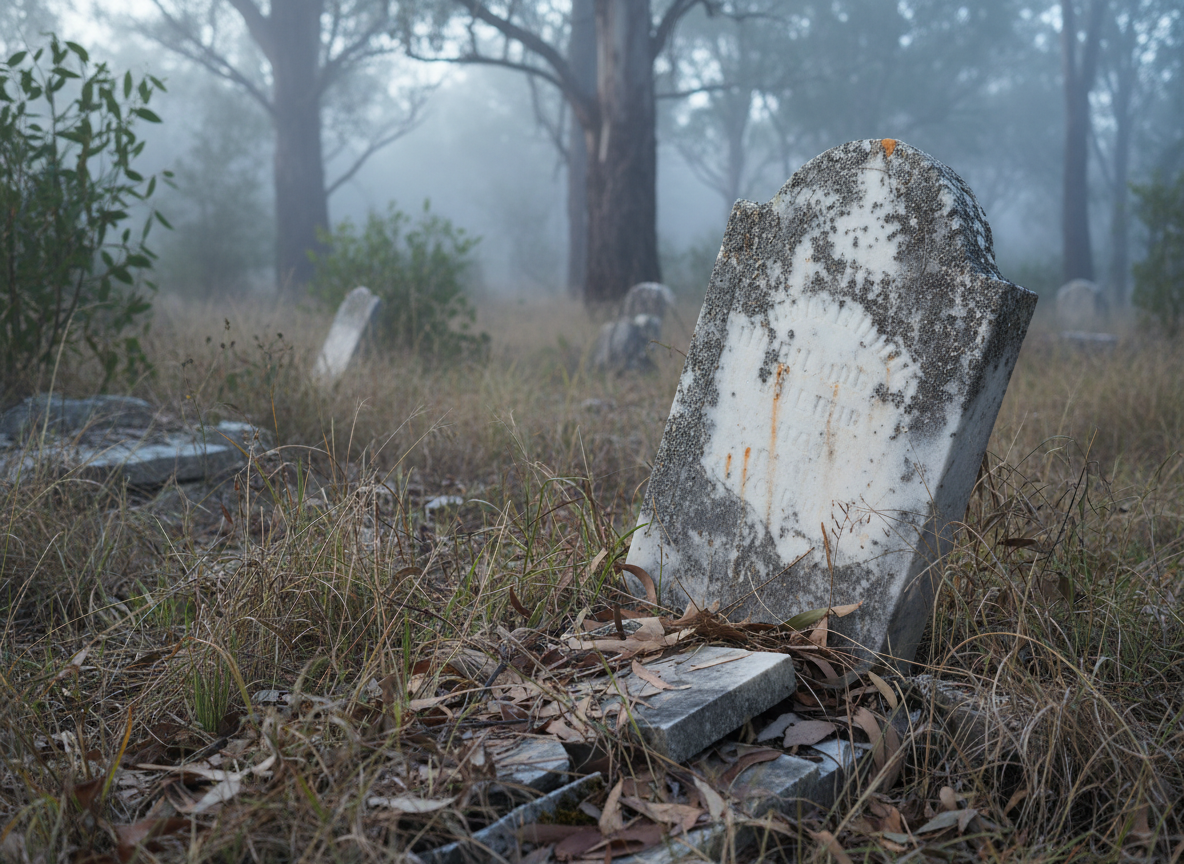An isolated, weathered marble headstone leaning slightly forward in a neglected bush cemetery, its inscription nearly erased by time and covered in fine grey lichen and faint orange rust stains. Surrounding it, dense native grasses, fallen eucalyptus leaves, and scattered broken stone fragments create a textured, organic foreground. Early morning mist hangs low between tree trunks in the background, softening the distant forms. Cool, diffused natural light brings out subtle tonal variations in the marble. Photographed at a low, three-quarter angle in realistic style, with the headstone placed on the right third and the background gently blurred, the mood is quiet, solemn, and investigative, ideal for heritage-focused storytelling.