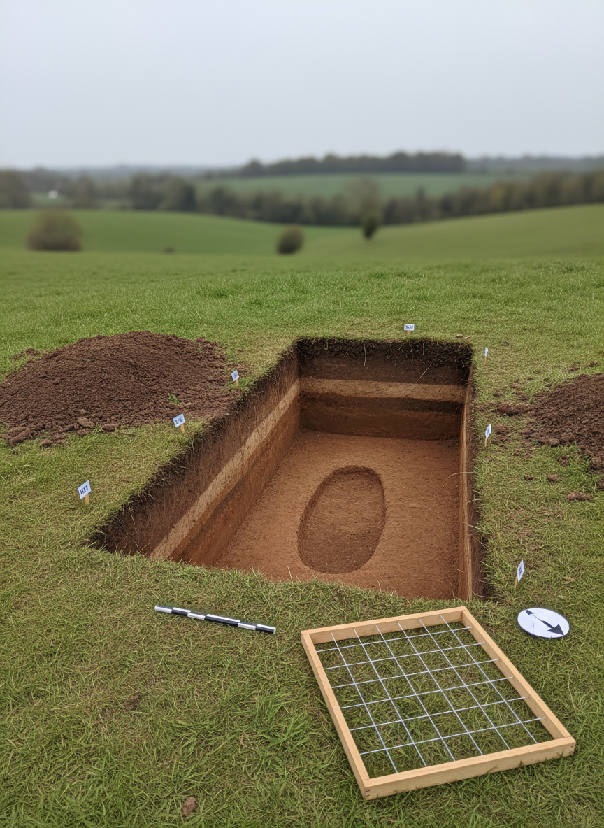 A carefully excavated archaeological test trench cut into reddish-brown soil on a grassy hillside, its straight, clean edges revealing distinct soil layers and a faint linear stain indicating a possible historic grave cut. Numbered context tags, a scale bar, and a north arrow are precisely arranged at the trench edge, while a gridded planning frame lies nearby. Overcast daylight produces even, shadow-free illumination that clearly defines each stratigraphic layer in photographic realism. Captured from a slightly elevated, diagonal angle for depth, the trench fills most of the frame with the surrounding paddock and distant tree line softly receding, conveying a meticulous, professional mood centered on methodical forensic archaeology.