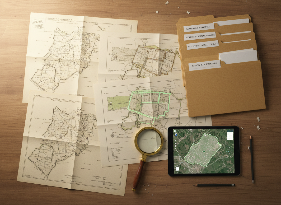 A detailed overhead view of a researcher’s wooden worktable displaying an organized spread of archival materials about historic New South Wales cemeteries: folded parish maps, sepia-toned survey plans, neatly labeled manila folders, a magnifying glass, and a modern tablet showing a georeferenced digital map with faint cemetery outlines. Soft studio lighting from the upper left creates gentle, directional highlights on the crisp paper edges and tablet screen while leaving muted shadows in the corners. The composition uses a flat-lay, photographic realism style with sharp focus across the entire frame, conveying a meticulous, professional atmosphere of careful archaeological and historical investigation without showing any people.
