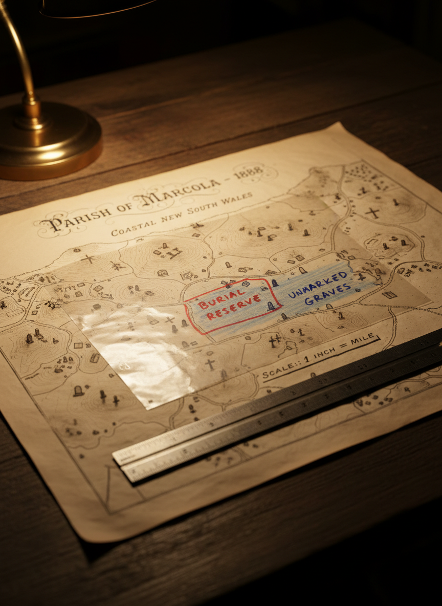 A close-up, oblique view of an old, hand-drawn parish map of coastal New South Wales spread out on a dark archival table, showing delicately inked cemetery symbols, winding roads, and shaded topography. Transparent tracing paper overlays part of the map, bearing modern, color-coded annotations that highlight “burial reserve” and “unmarked graves” areas. A metal archival ruler aligns with the map’s scale bar. Warm directional light from a desk lamp creates gentle highlights on the slightly wavy paper texture and pronounced shadows under the ruler. Photographic realism with a shallow depth of field keeps the map’s central annotated area razor sharp, while edges fall into a soft blur, suggesting focused, analytical heritage research.